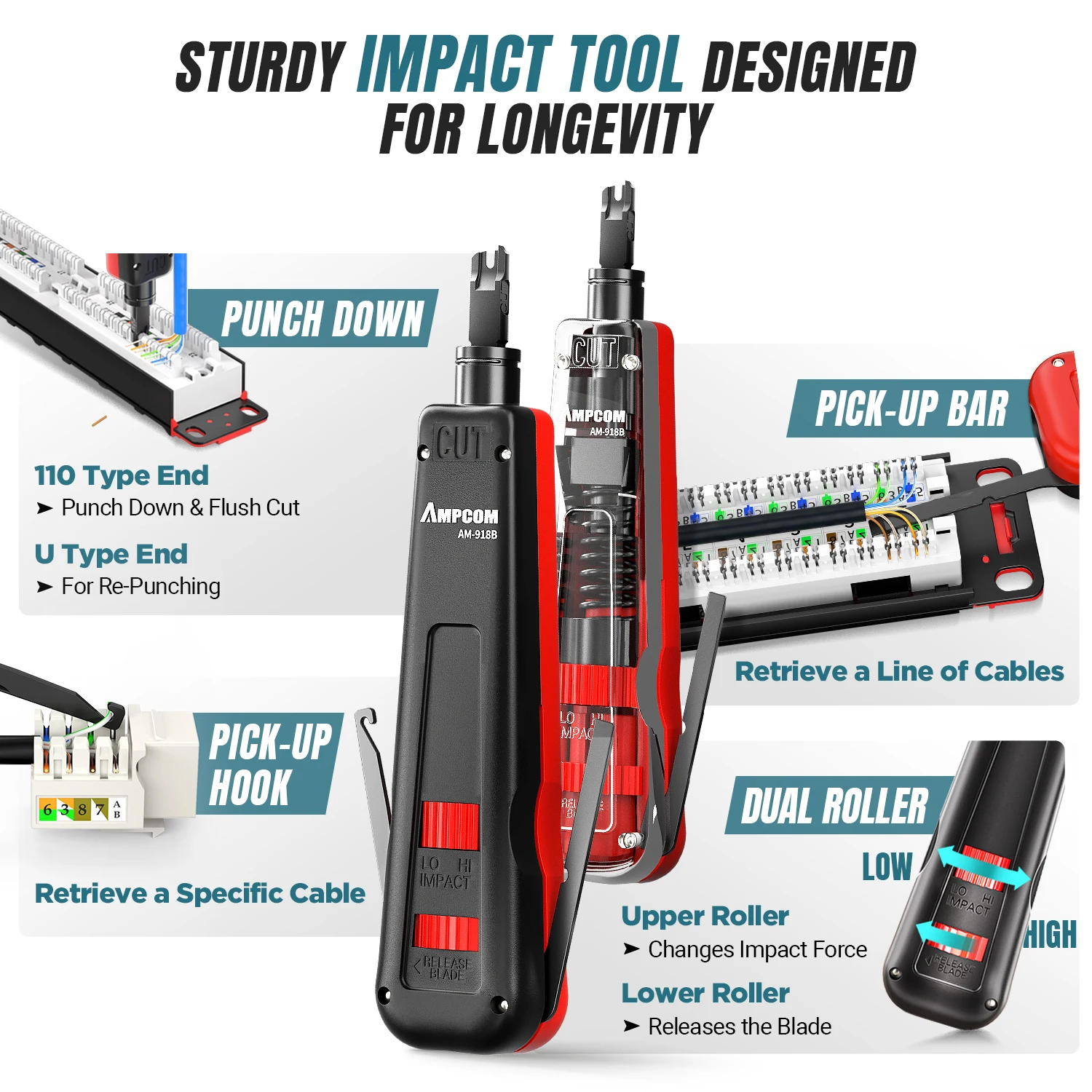 AMPCOM Ethernet Crimping Tool Kit 7-in-1 for CAT6/CAT5e RJ45 Connectors with 110 Punch Down Tool Wire Stripper in Portable Bag