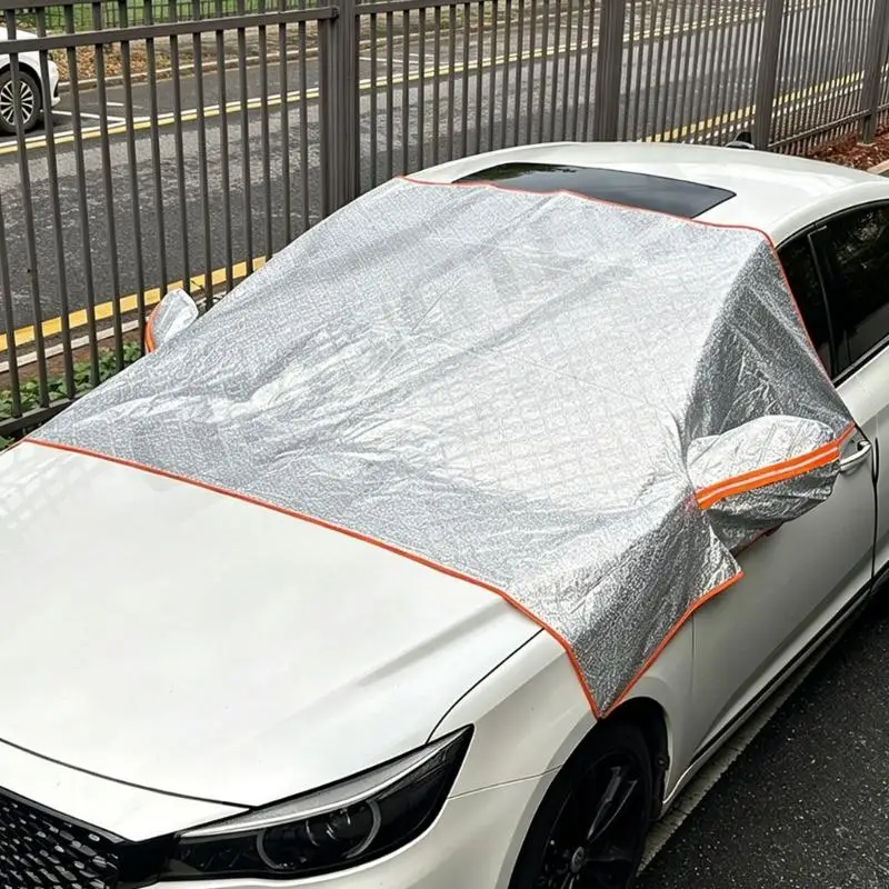 Windshield Weather Cover with 4 Attached Straps, Foldable Half-Coverage Barrier for Parked Glass Against Snow, Ice Buildup, H9EE