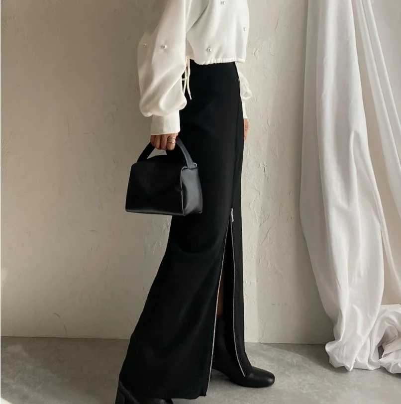 Chic Zipper  Knitted Skirt Long Office Elegant High Waist Ladies 2024 Autumn Women Casual Loose  Female Knitted Skirts