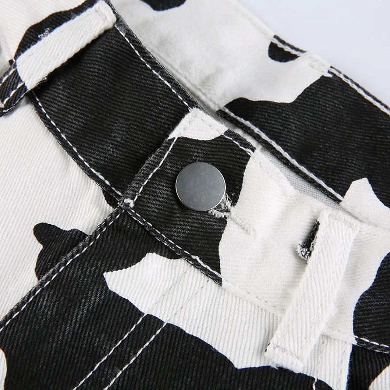 Hip Hop Patchwork Cow Jeans Women Straight Baggy Long Pants Korean High Waist Trousers Wide Leg Denim Jeans Streetwear