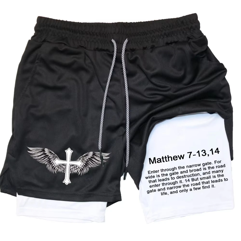 Fashion Men Performance Shorts Bible Printed GYM Casual Sports Compression Shorts Workout Running 2 in 1 Sport Short Pants