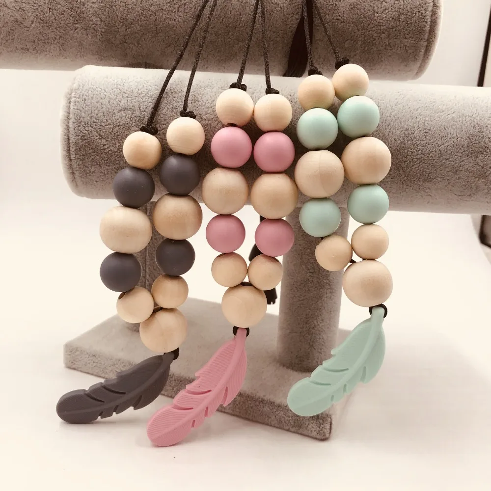 New Fashion Handmade Baby Teething Necklace Grade Silicone Beads Long Chain Silicone Feather Beads Teether Nursing Accessories