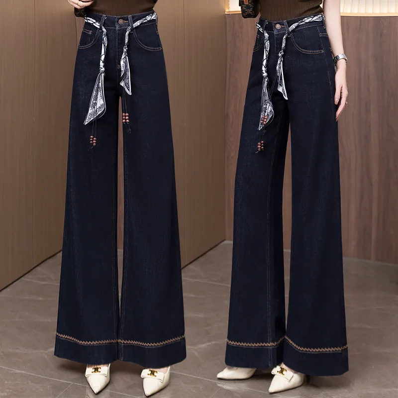 

Denim Blue Wide-Leg Jeans for Women, Spring and Autumn New High-Waisted Slimming Loose Versatile Embroidered Flared Pants Trendy