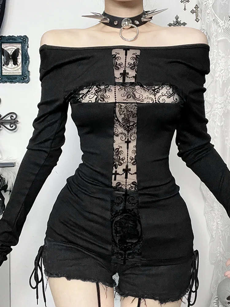 AltGoth Dark Gothic Streetwear T-shirt Women Harajuku Vintage Cyber Punk Y2k E-girl Cross Flocking Patchwork Long Sleeve Tee Top