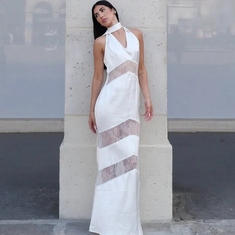 

TARUXY Halter Neck Lace Hollowing Dress Women's Sexy Sleeveless Lace-Up V-Neck Fashion Splicing Dress Summer Party Evening Gown