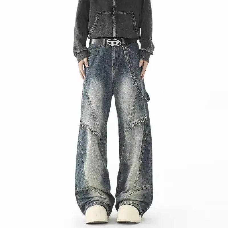 

2025 Панк Y2K Стиль Металлическое Кольцо Дизайн Промытые Синие Мешковатые Джинсы Брюки-карго Мужские Для Одежды Винтажные Джинсовые Брюки Pantalon Homme