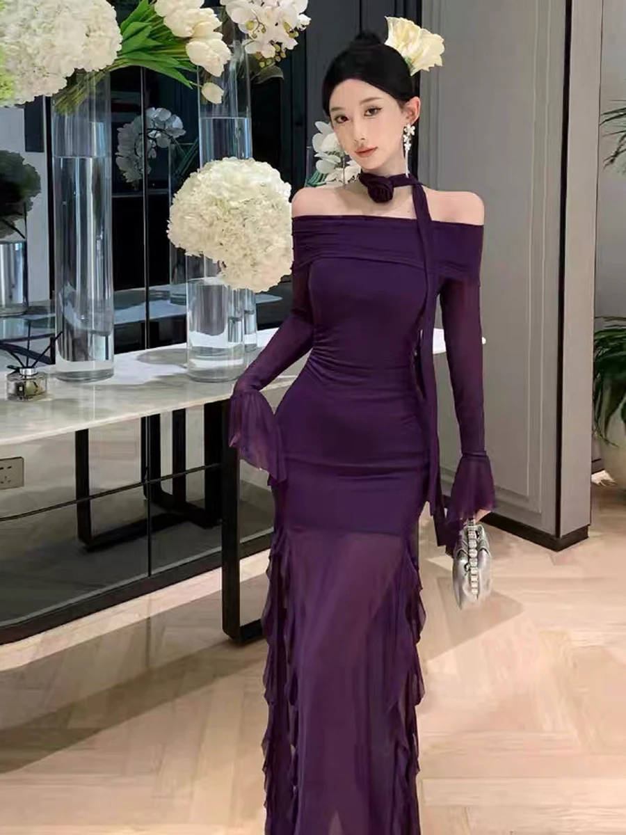 

Ele сексуальное расклешенное одно плечо Sve Me с кружевным подолом, длинное платье для похудения, с разрезом для женщин, свидание, H-образный силуэт