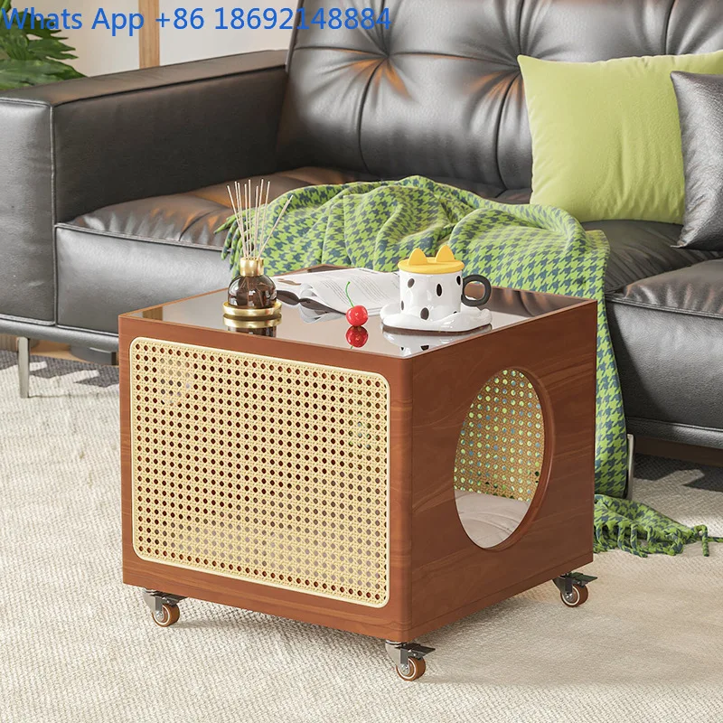 Pet Shared Furniture Cat Bed Dog Bed Solid Wood Rattan Bedroom Floor Side Table Cabinet Movable Cat