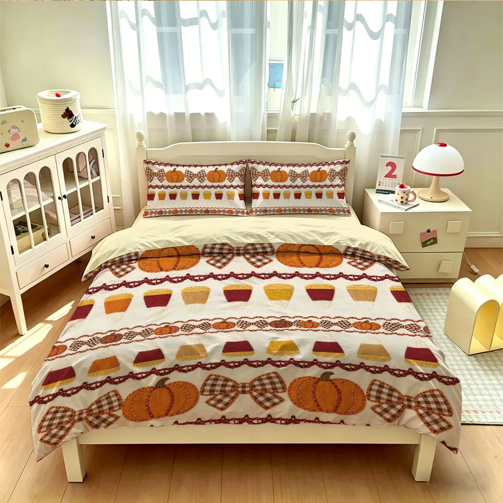 3 Pcs Fall Thanksgiving Duvet Cover Set Pumpkin Stripe Bow Print Soft Cozy Bedding Set for Bedroom