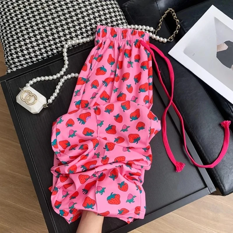 

Ice Silk Pink Strawberry Pants Women Summer Thin Capri Straight Wide Leg Casual Floral Dopamine Mosquito-Proof Pants