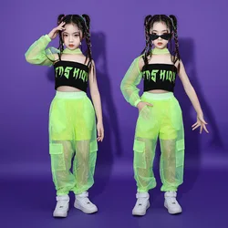 Hip Hop Kids Clothes Girls Jazz Street Dance Costume Green Single Sleeved Crop Tops Mesh Pants Kids Performance Outfit