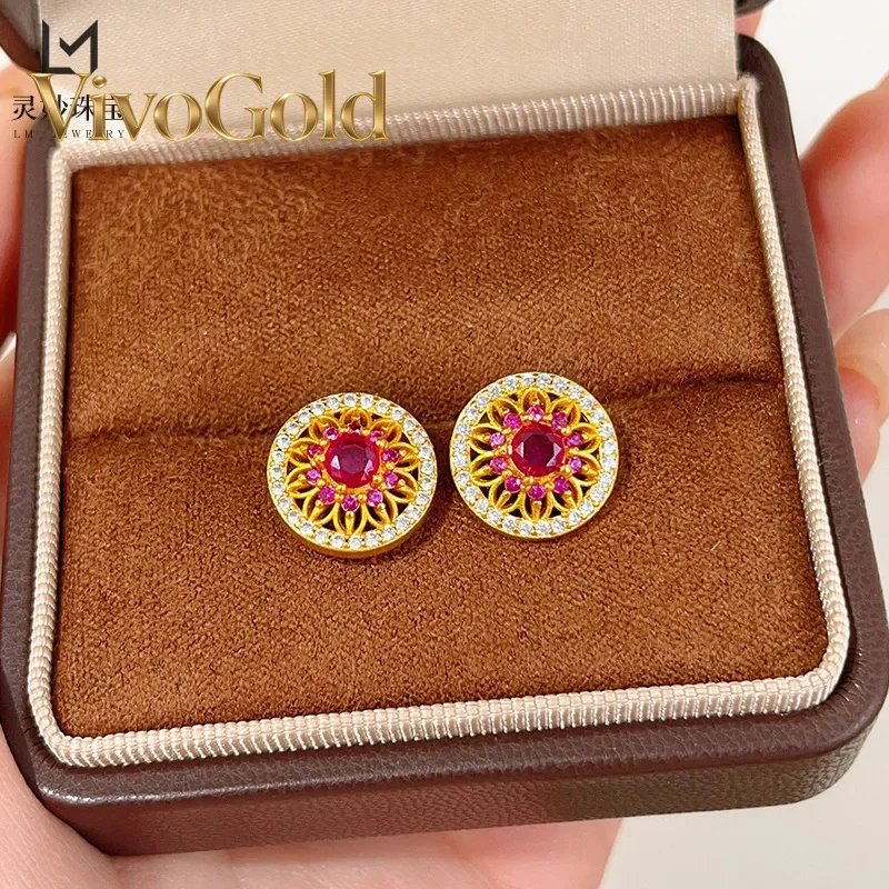 

VivoGoldAncient method 24K real gold dot diamond hollow sun flower 9999 earrings flower earrings exquisite retro gift for girlfr