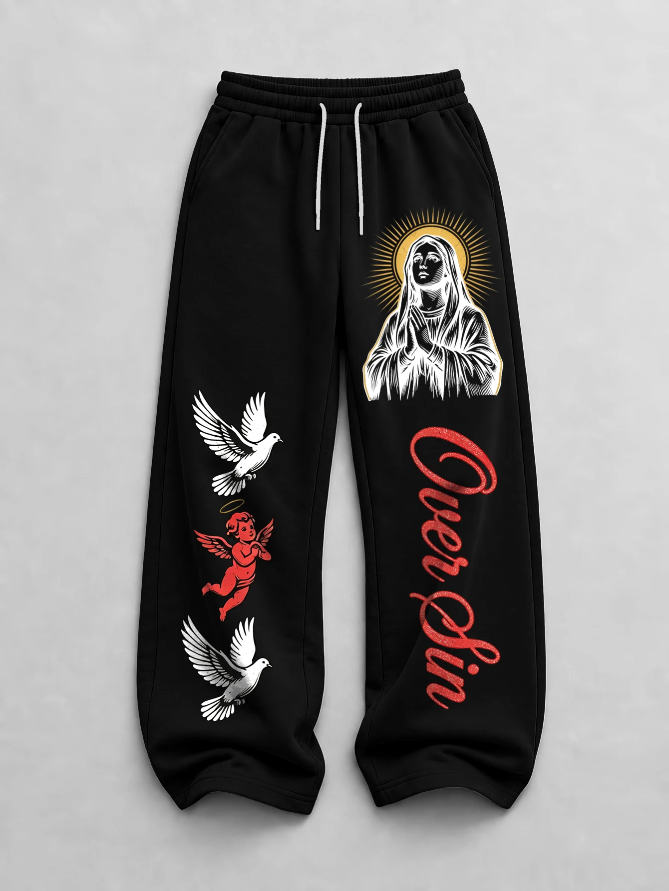Men's Black Baggy Sweatpants Angel Dove Graphic Print Y2K Streetwear Wide Leg Drawstring Casual Pants