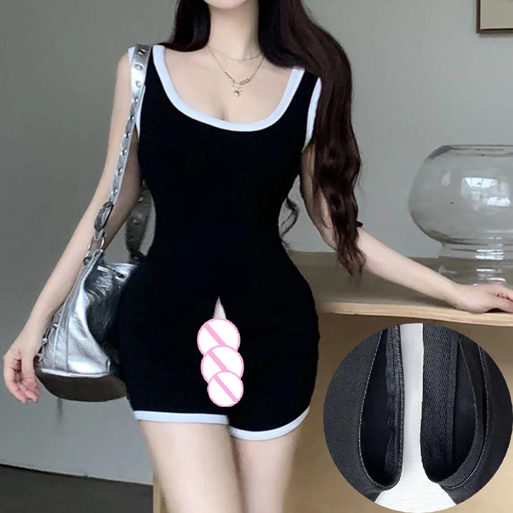 

Invisible Open Crotch Jumpsuit for Girls, Black Camisole, Cool Casual Eroticism Shorts, Outdoor Sex, Little Hot Girl, Summer