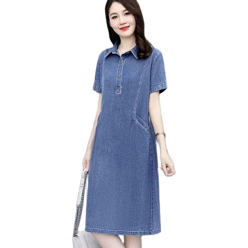 2022 New Cowboy Dress Summer Women Coat  Fashion Loose Short Sleeve Leisure Sense Of Luxury Shirt Collar  Ladies Denim Dress