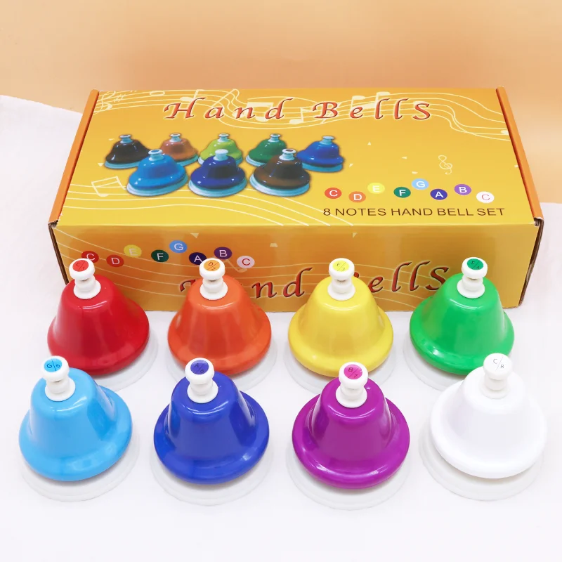 Desk Bells 8 Notes Diatonic Metal Hand Bells Percussion Bells Musical Bells for Classroom Party Baby Sound Sense Melody Clock