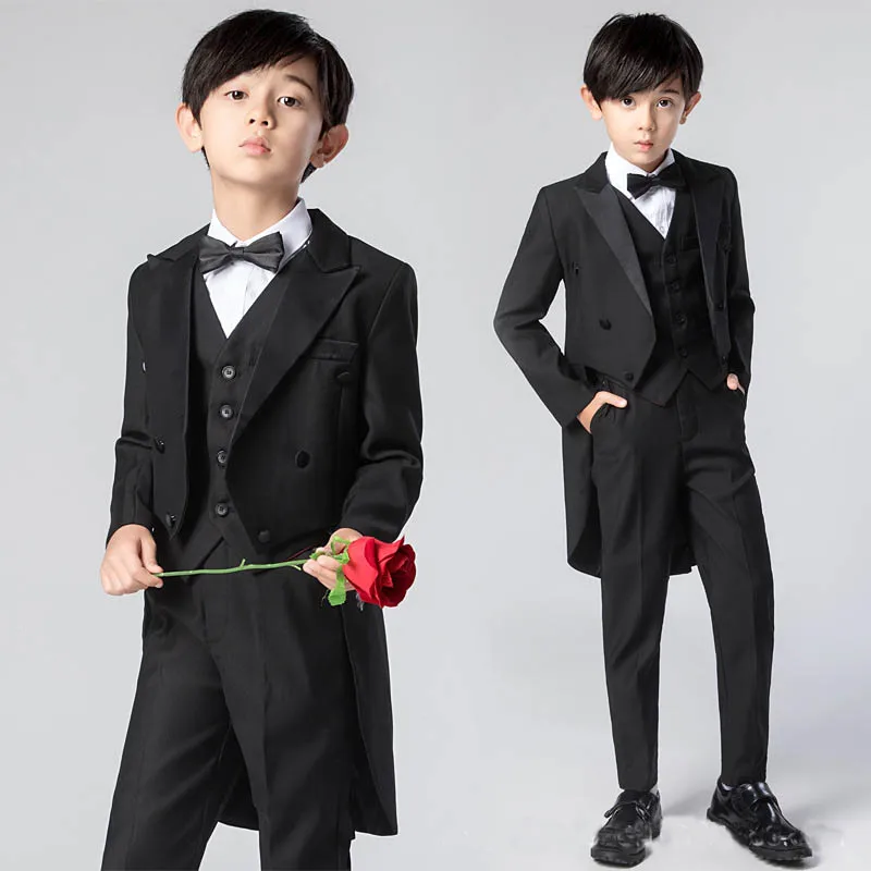 Boys Black Long Tuxedo Dress Jacket Vest Pants Photography Suit Children Luxurious Piano Performance Costume Kids Wedding Wear