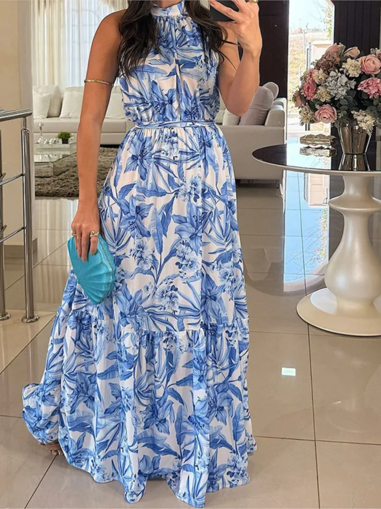 

Fashionable Printed Long Dress With Tie Up Waist Summer Sexy Sleeveless Hanging Neck Vacation Style Dress For Women