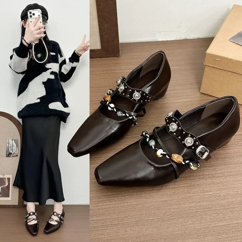 New Retro Mary Jane Shoes for Women Square Toe Chunky Heel Pumps with Rhinestone & Chain Decor Fashion Office & Party Footwear