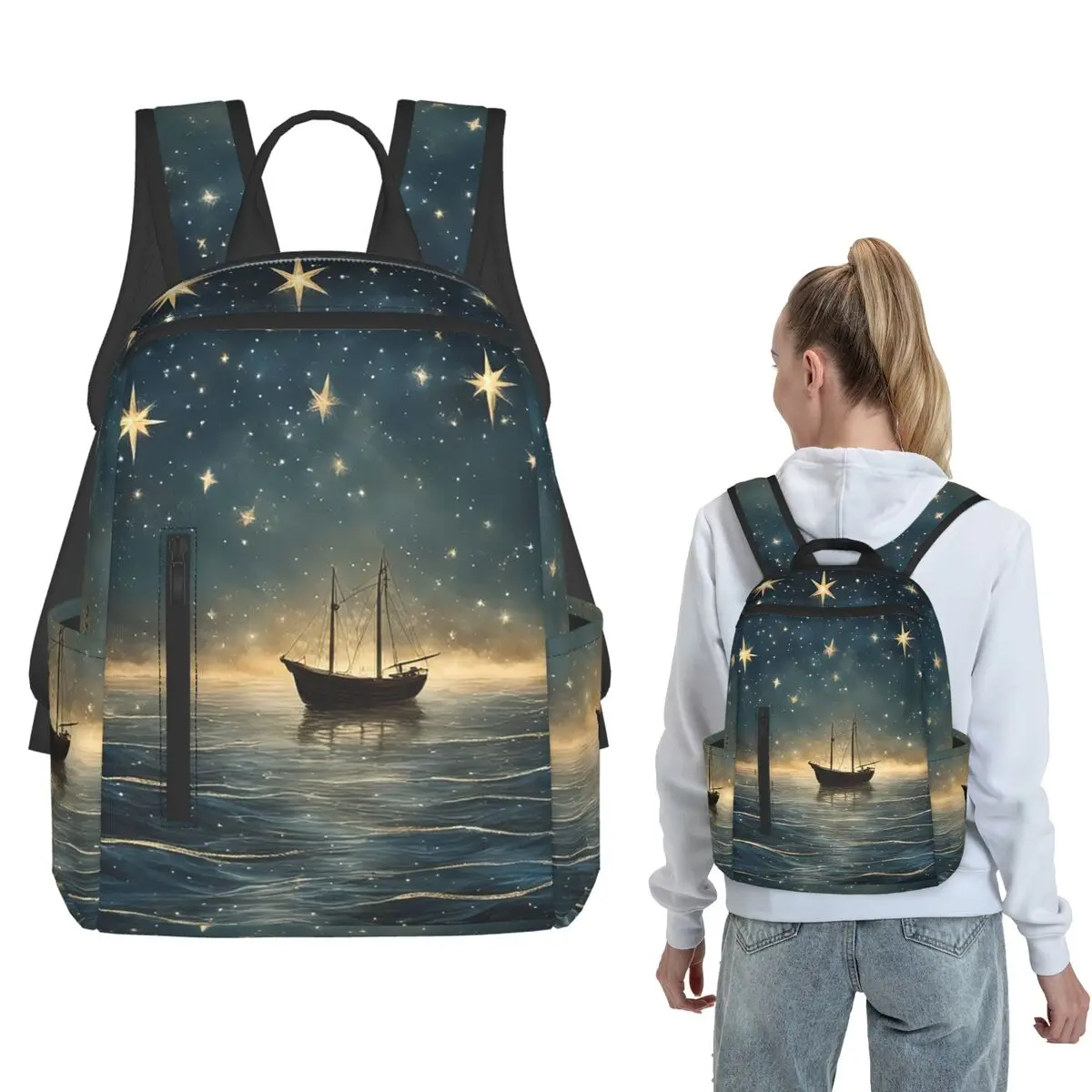 

Starry Night Sailboat On The Sea Backpack Daypack Children BookBag School Bag Shoulder Bags for Men Women