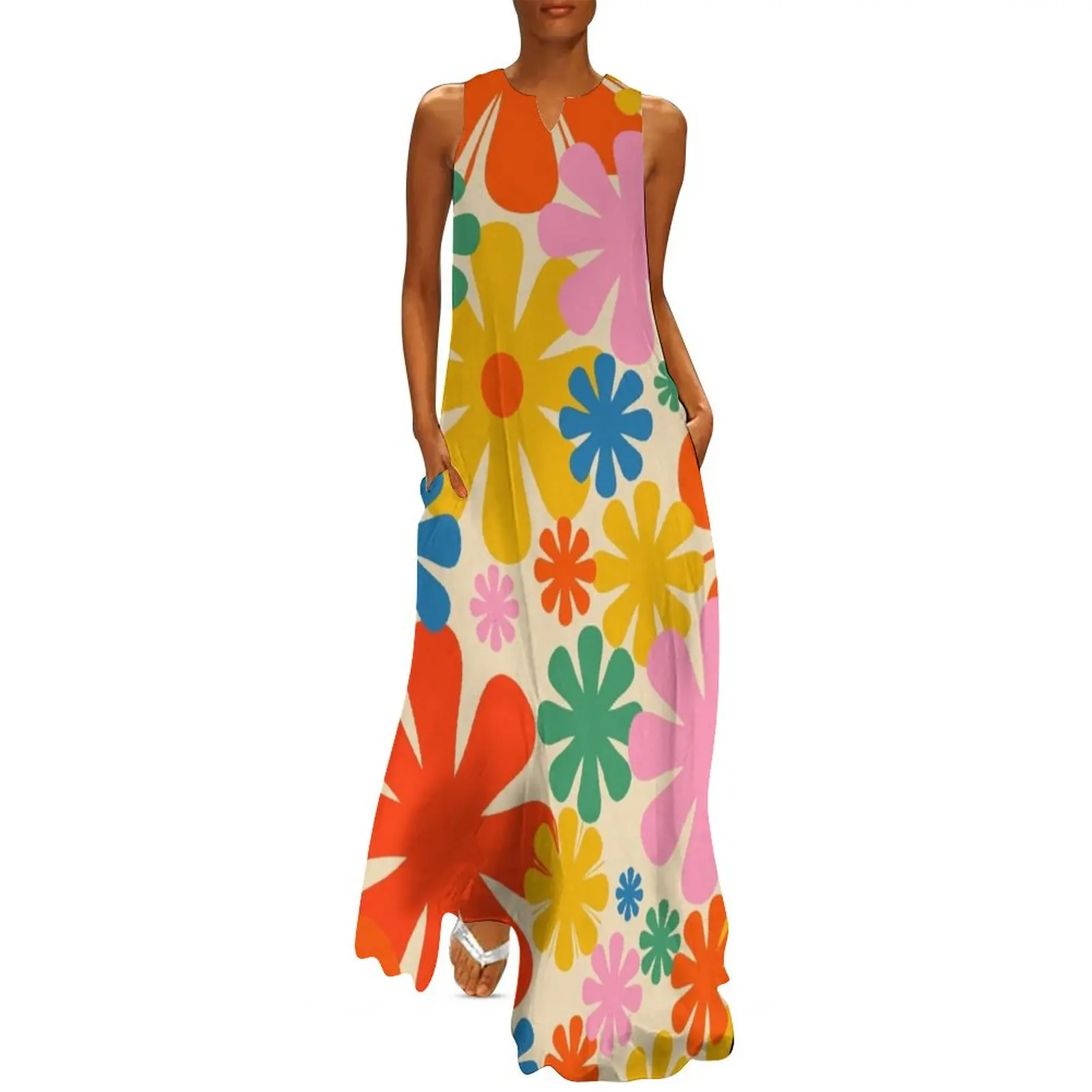 

Retro 60s 70s Aesthetic Colorful Floral Pattern Long Dress women's clothing trend 2025 summer dress daily Dress