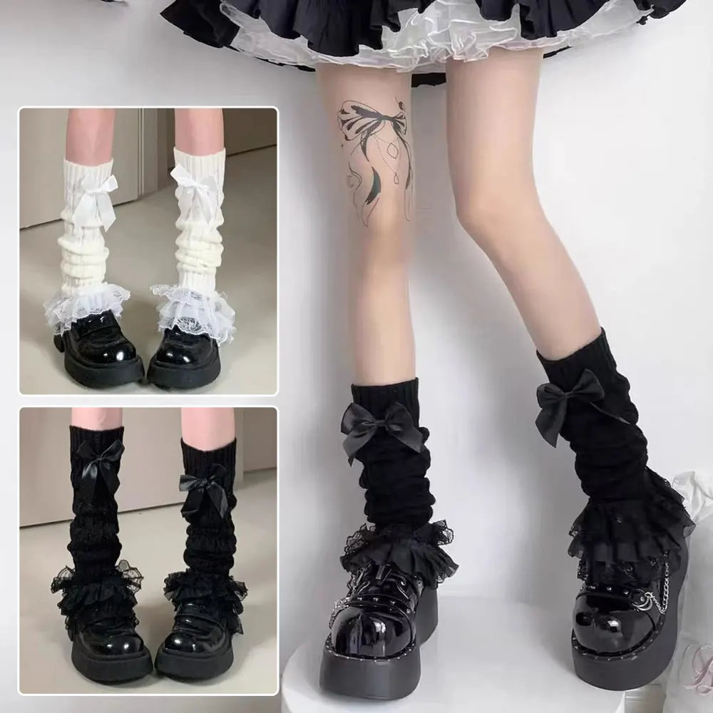 Cute Lace Flared Knitted Long Legs Warmers Y2K Leg Stockings White Harajuku Socks White Foot Cover Lolita Over Knee Leg Warmer