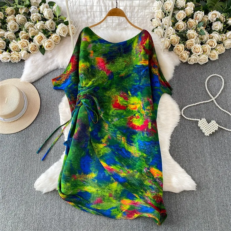 Miyake Light Luxury Oil Painting Printing Design Split Drawstring One-word Collar Bat Sleeve Long Top Two-piece Set view 6