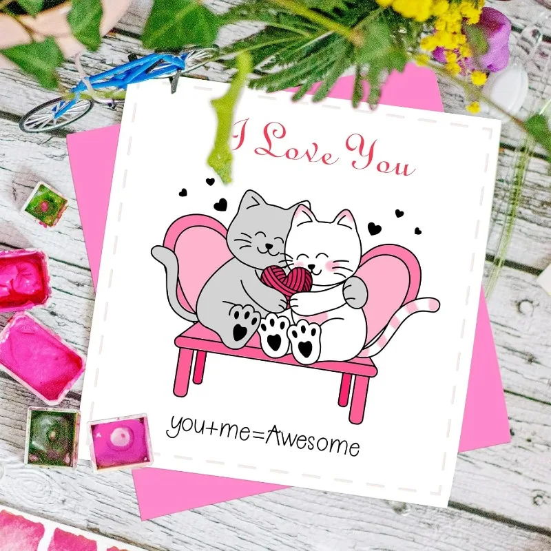 1pc Lovely Cats Silicone Clear Stamps Happy Valentine's Day Transparent Stamps for Birthday Easter Valentine's Day Cards Making