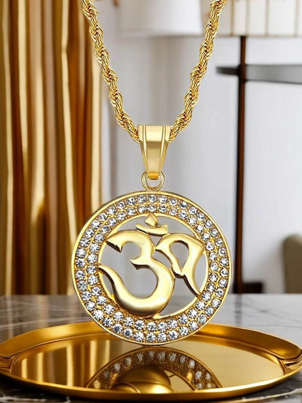 Hip Hop Iced Out Yoga Pendant Necklaces Gold Color Stainless Steel OHM Hindu Buddhist AUM OM Necklace For Men Women Jewelry Gift