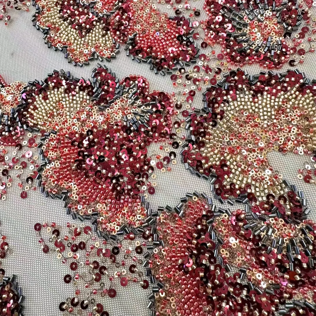 

Exquisite Hand Beaded Sequins African Lace Fabric Floral Embroidery Tulles For sewing High-end party dresses by 5 yards cut