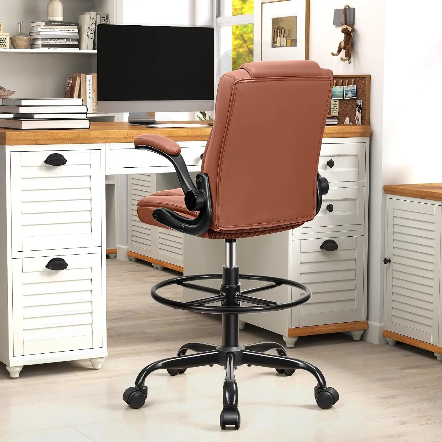 Ergonomic Office Chair with Flip-Up Armrest, Adjustable Height PU Leather Desk Chair, 360° Swivel Rolling Chair for Small Spaces, Home Study, Living Room, Brown Color with Modern Design