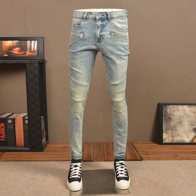 

Street Fashion Men Jeans Retro Light Blue Stretch Skinny Fit Ripped Jeans Men Spliced Designer Hip Hop Denim Biker Pants Hombre