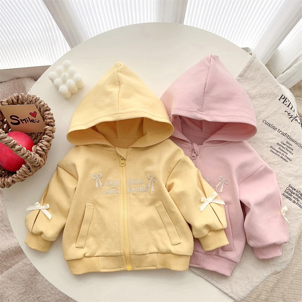 

1-3T Children's Solid Color Hoodie Girls 2024 New Autumn Zipper Design Puff Lace Up Bow Long Sleeved Top Sweet Versatile Outwear