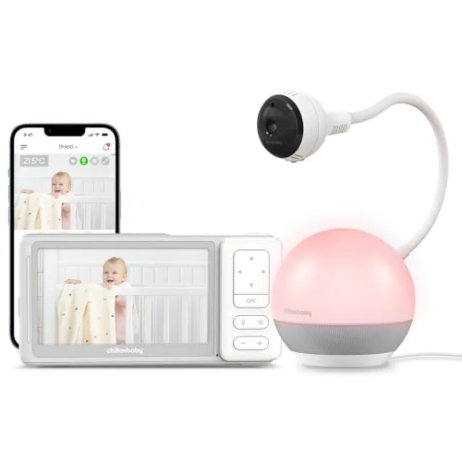 

Baby Monitor for nursery use, ABS plastic, white, 5-inch 1080p HD Wi-Fi camera with sleep trainer, mood light soother, flexible