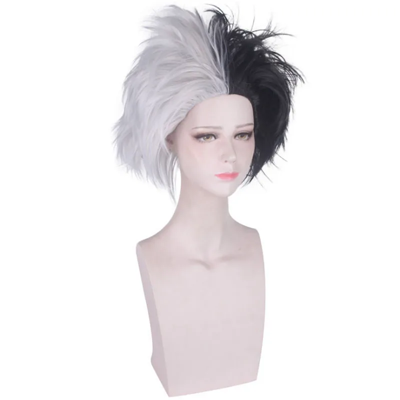 Cruella de vil peruca filmes cruella de vil cosplay metade preto e branco peruca afro de duas cores