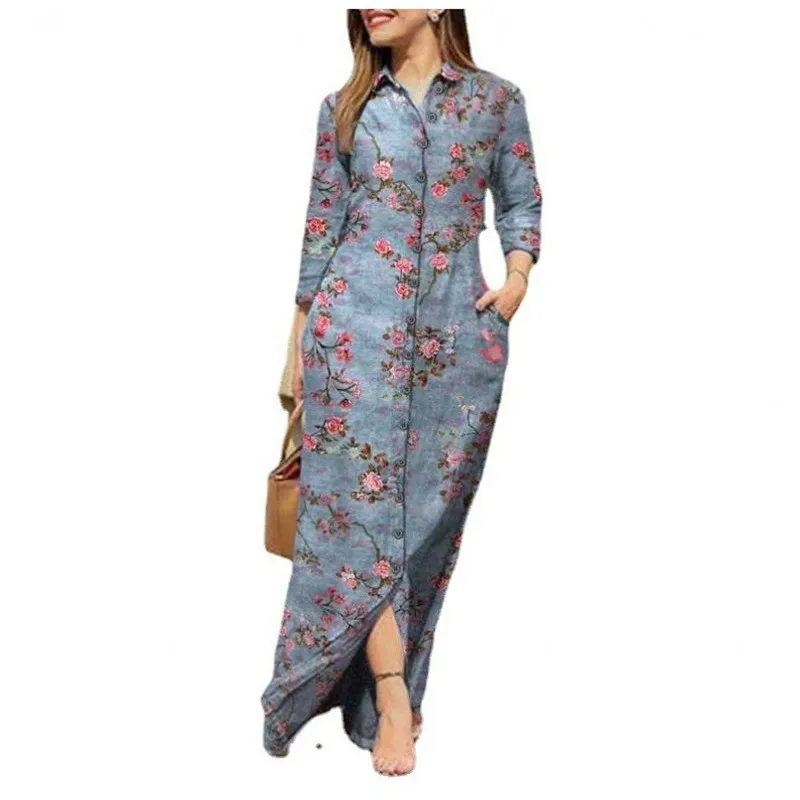 Vintage Flower Print Loose Shirt Dress Autumn Fashion Lapel Collar Button Dress Women Casual Long Sleeve Pocket Maxi Dresses