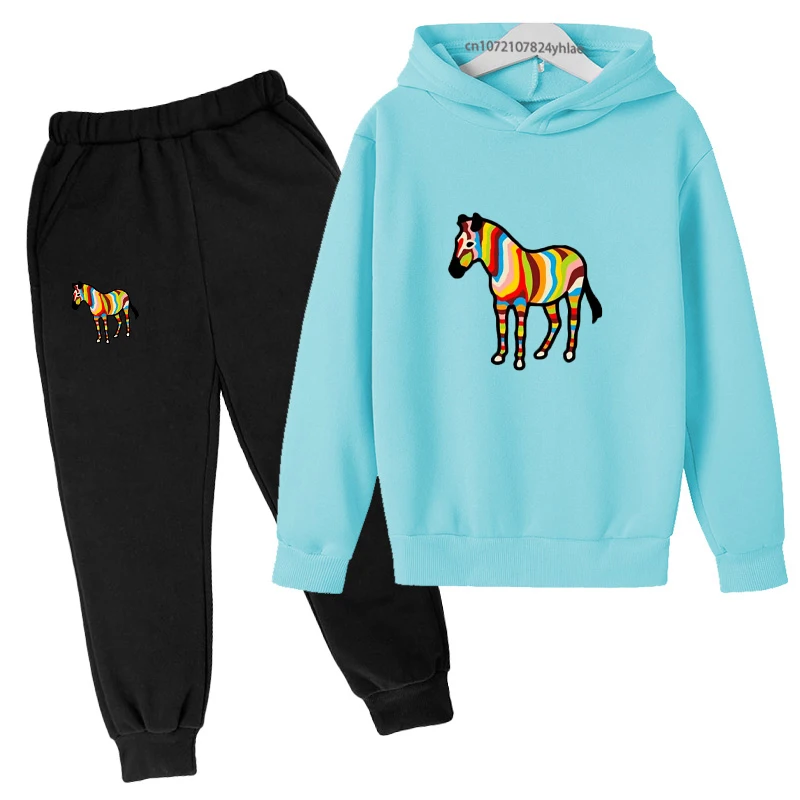 

Kids Colorful zebra Print 2pcs Hoodie+Pants Tracksuits 3-13 Years Boys Girls Spring Autumn Outfits Streetwears Children Clothes