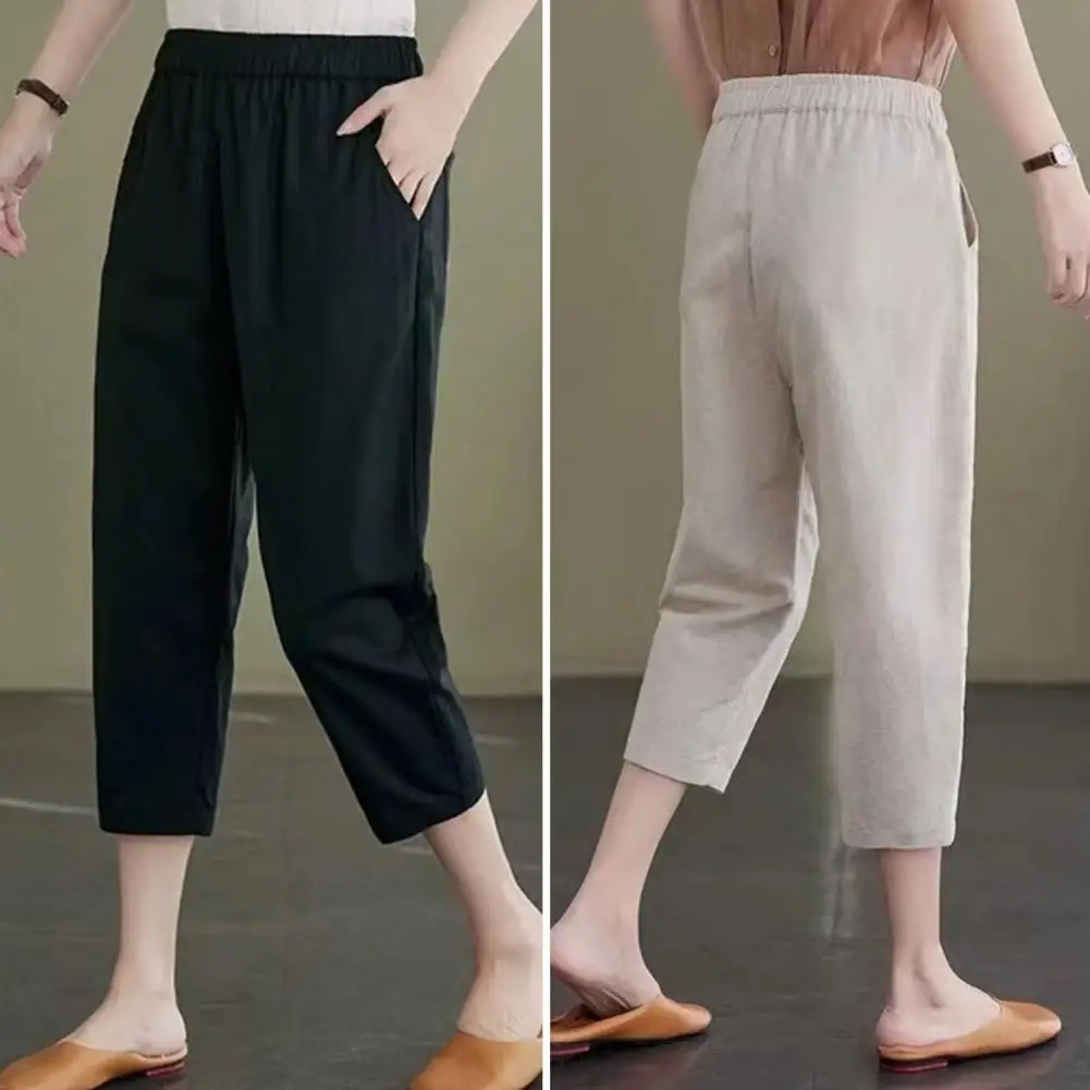 Calça harém de estilo literário feminina, elegante, meio da panturrilha, elástico na cintura, bolsos monocromáticos, recortada, roupa casual, verão