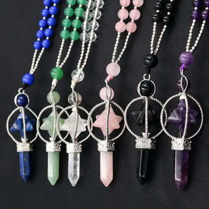 Natural Amethyst Crystal Rose Quartz Merkaba Energy Scepter Pendant Handmade Round Beads Stone Chain Necklace Amulet Jewelry