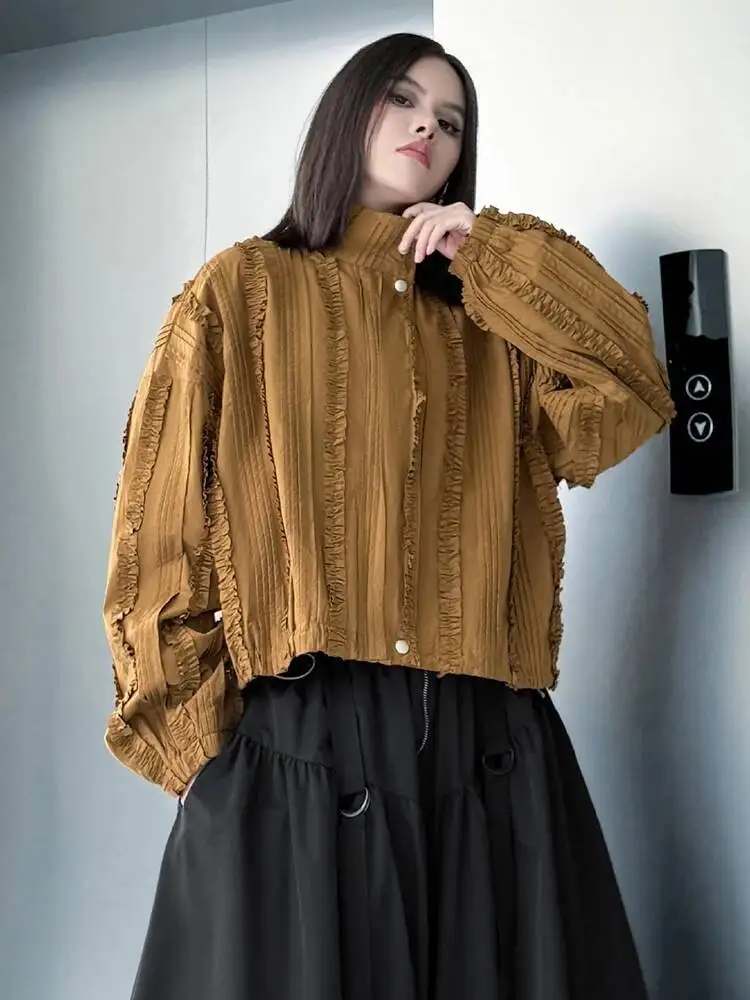 

Women Khaki Ruffles Drawstring Big Size Blouse New Stand Collar Long Sleeve Shirt Fashion Tide Spring Autumn