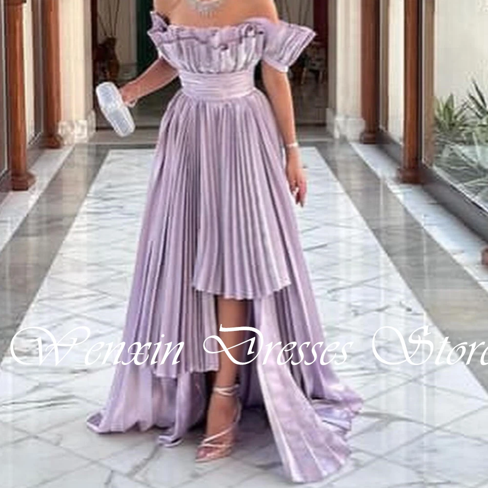 Delicate and Elegant Purple Satin Scalloped Lace Up Back Evening Dress A-Line Off the Shoulder Sweep Train Pleats Short Sleeves