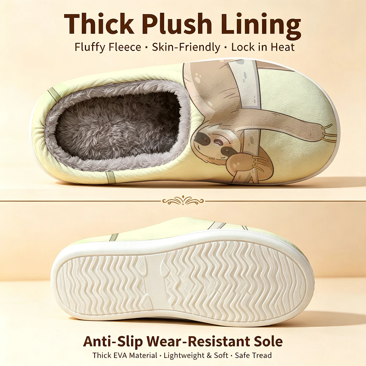 Sleepy Sloth Christmas White Slippers Warm Plush Indoor Shoes Non-Slip Winter Slippers Family Holiday Gifts Soft view 6