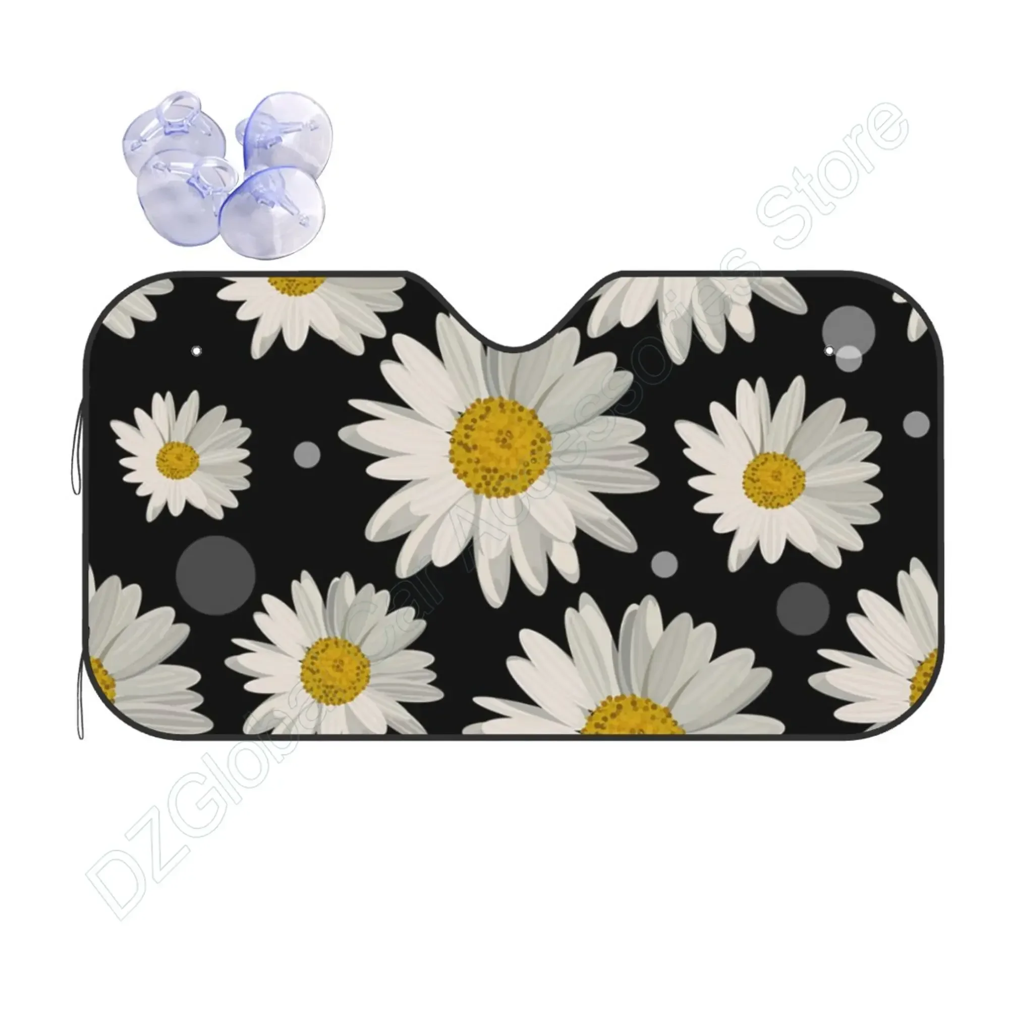 자동차 앞 유리 용 차양 데이지 꽃 꽃 무늬 폴카 도트 접이식 차양 태양 열 및 자외선 차단 자동차 인테리어