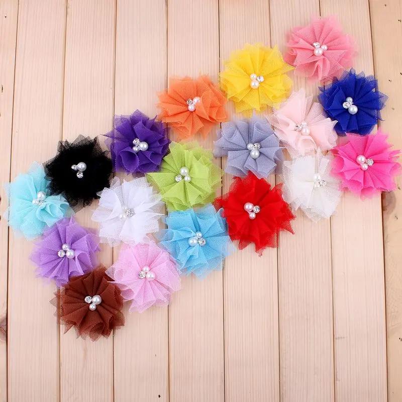 50pcs/lot 6.5cm 18colors DIY Soft Chic Mesh Hair Flowers With Rhinestones+Pearls Artificial Fabric Flowers For Kids Headbands