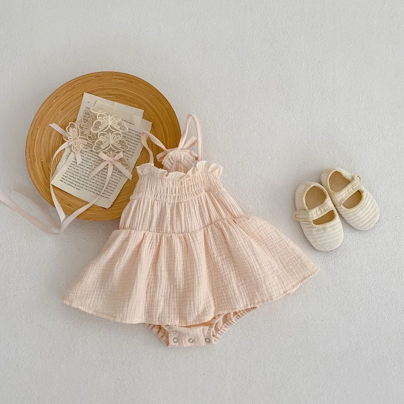 Newborn Princess Solid Color Sleeveless Strap Cotton Dress Bodysuit One-Pieces Clothes Summer Baby Girl Romper 0-2Years