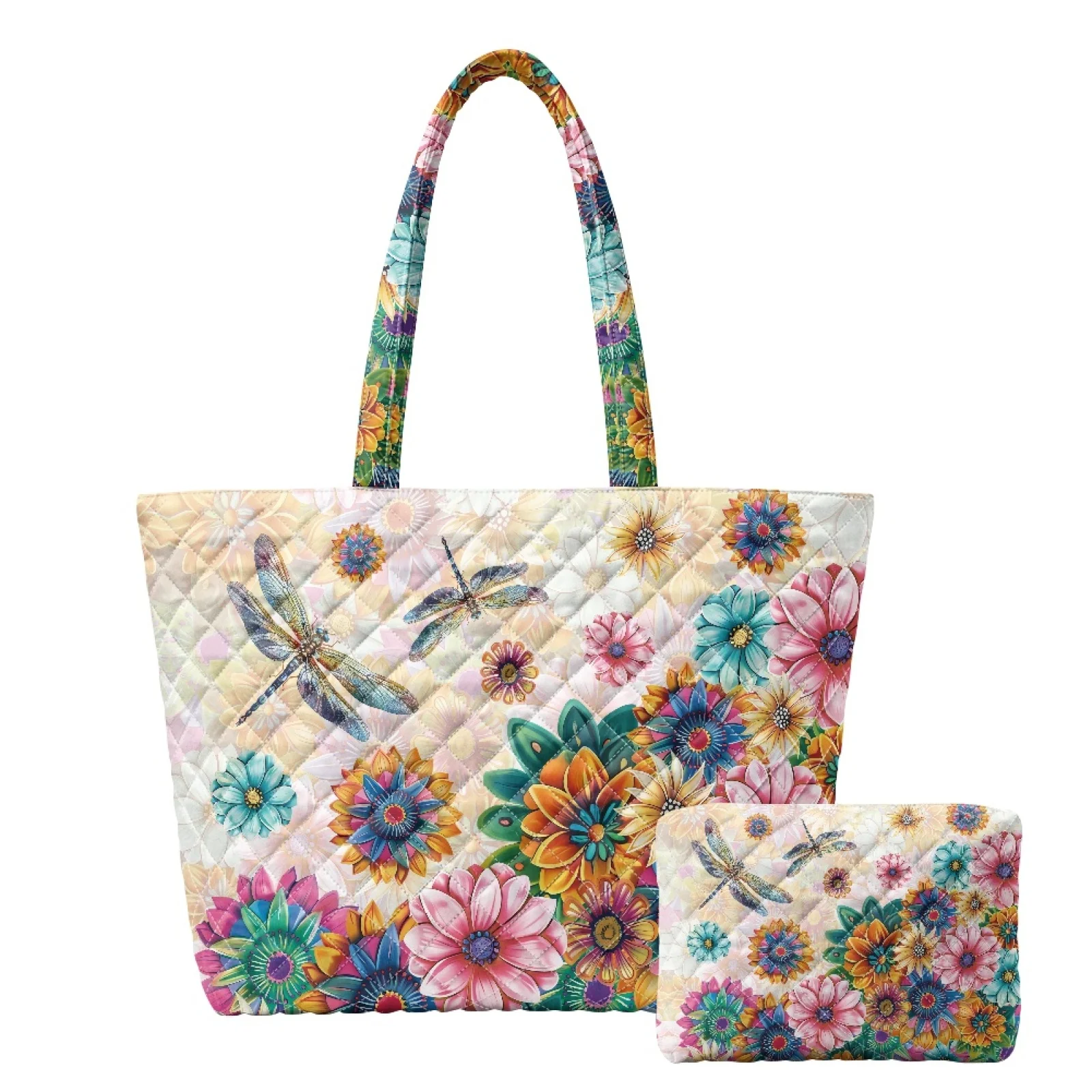 Coloranimal Floral Skull Print 2 Packs Quilted Shoulder Bag Handbag Lightweight Tote Bag with Storage Bag for Everyday Use