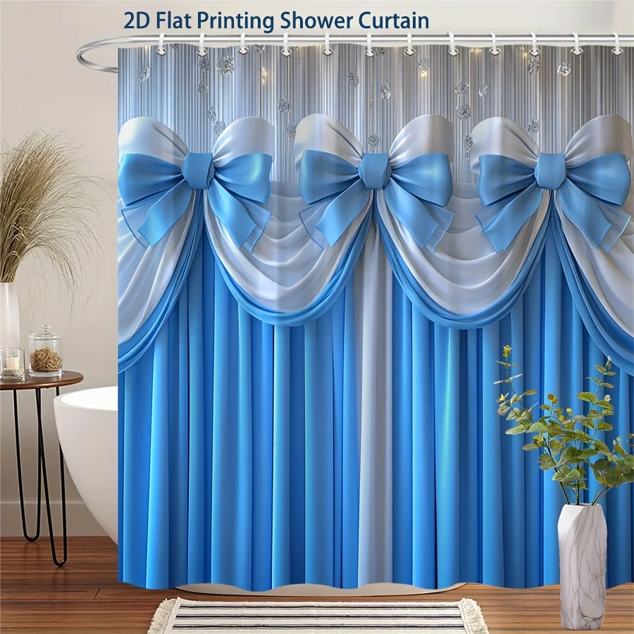

Blue White Draped Fabric Shower Curtain - Elegant Fairy Lights Bows Design - Modern Bathroom Home Decor Art Bath Curtain