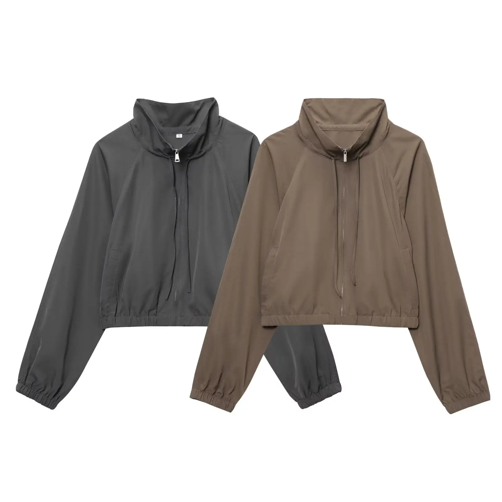 

Vintage Casual Crop Jacket For Women Fashion Stand Collar Long Sleeve Zipper Pullovers 2025 New Spring Solid Loose Jacket Tops