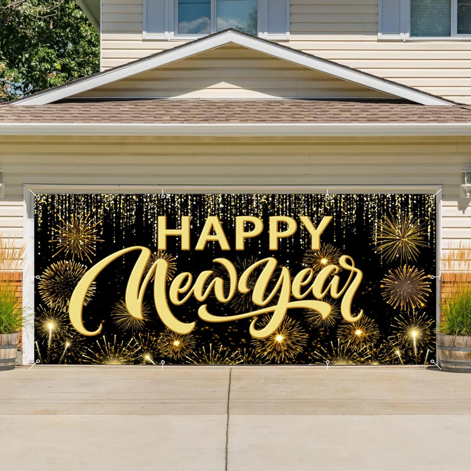 Happy New Year Garage Door Decorations Backdrop Large Garage Door Cover Banner Outdoor Indoor Wall Courtyard Photo Background