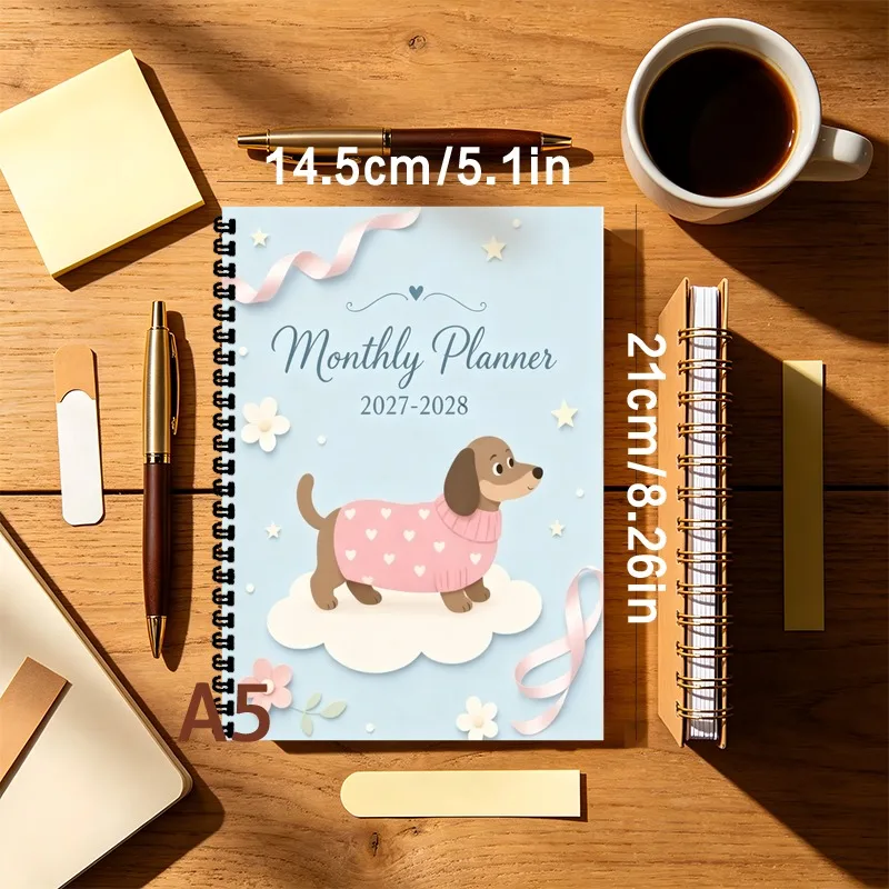 A5 Spiral Bound Planner2027-2028, Monthly and Weekly Task Lists and Schedules with Cute Dachshund Pattern
